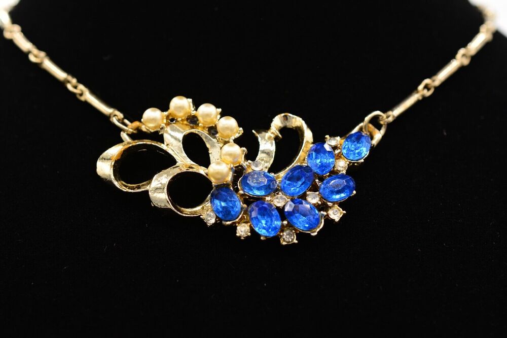 Vintage Collar Necklace Blue Rhinestone Crystal Pearl Gold Chain Floral 60s BinM